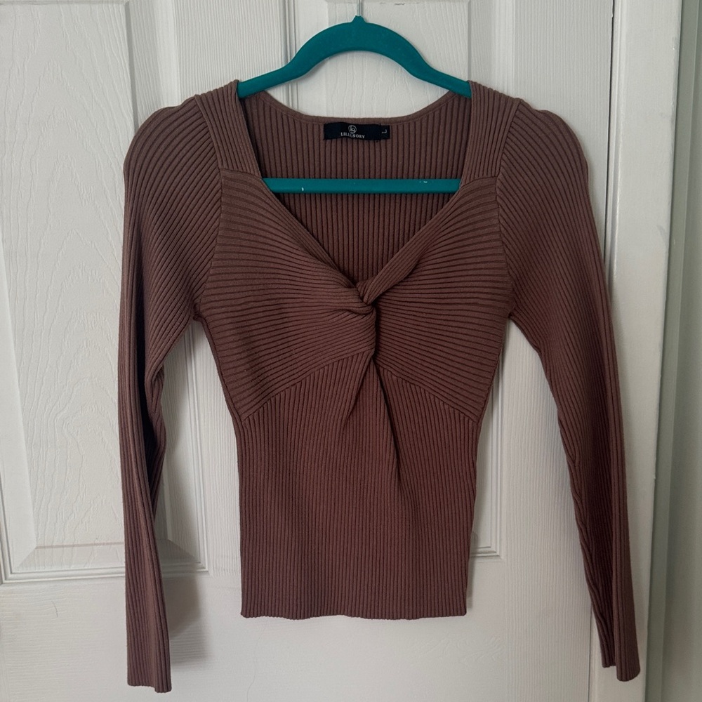 Elegant Brown Ribbed Knot Front Blouse
